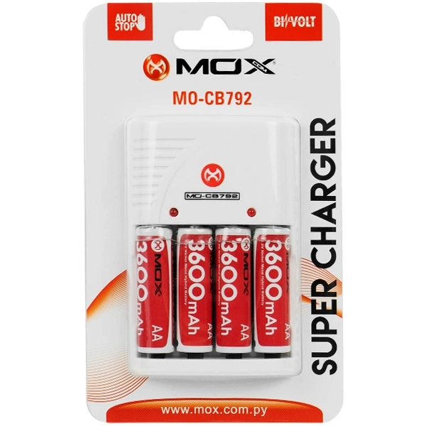 Carregador de Pilhas MOX MO-CB792 + 4 Pilhas AA - Branco