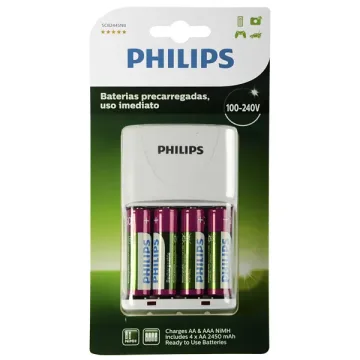 Carregador de Pilhas Philips SCB2445NB 97 Bivolt + 4 Pilhas AA - Branco