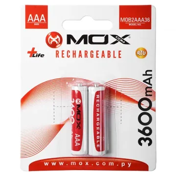 Pilha Recarregável AAA MOX MOB2AAA36 3.600 mAh 1.2V - 2 Unidades