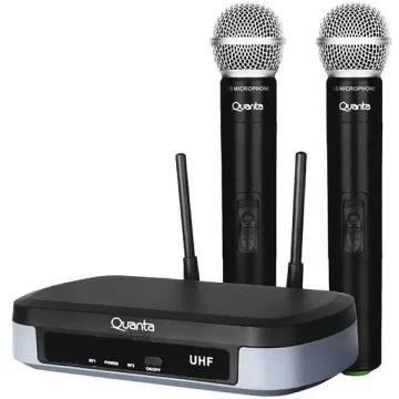Sistema de Microfone Sem Fio Quanta QTMWU104 com 2 Microfones Bivolt - Preto Cinza